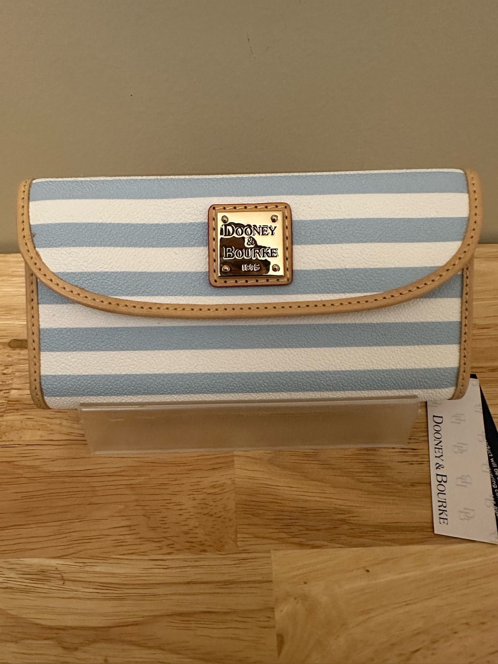 Dooney & Bourke Light Blue and White Striped Wallet with Tan Trim
